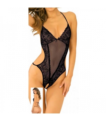 Bare It All Crotchless Lace & Mesh Teddy M/l Black - Teddies