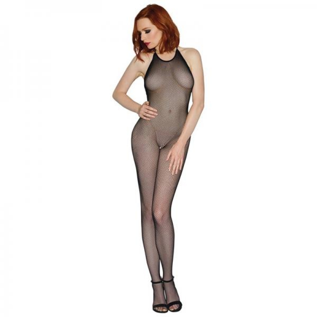 Dreamgirl Seamless Fishnet Bodystocking With Halter Neck, Open Crotch And Low Back Black Os - Transgender Wear