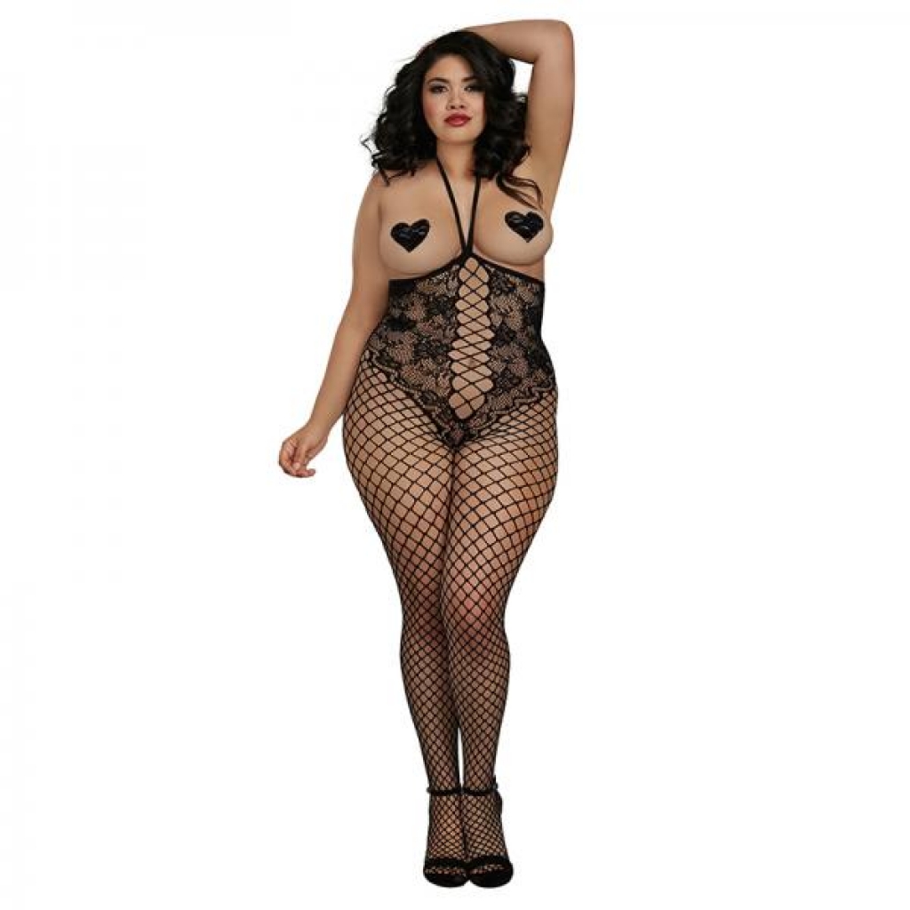 Dreamgirl Open-cup Bodystocking With Knitted Lace Teddy Design, Fishnet Legs, Open Crotch And Adjust - Teddies