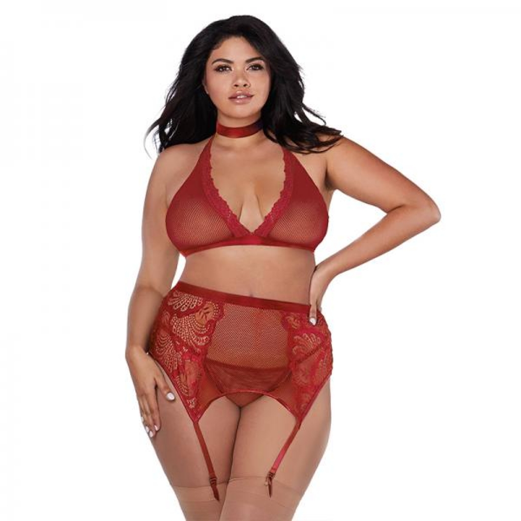 Dreamgirl Fishnet And Lace Four-piece Set With Stretch Velvet Trim Accents Garnet Queen - Bodystockings, Pantyhose & Garters