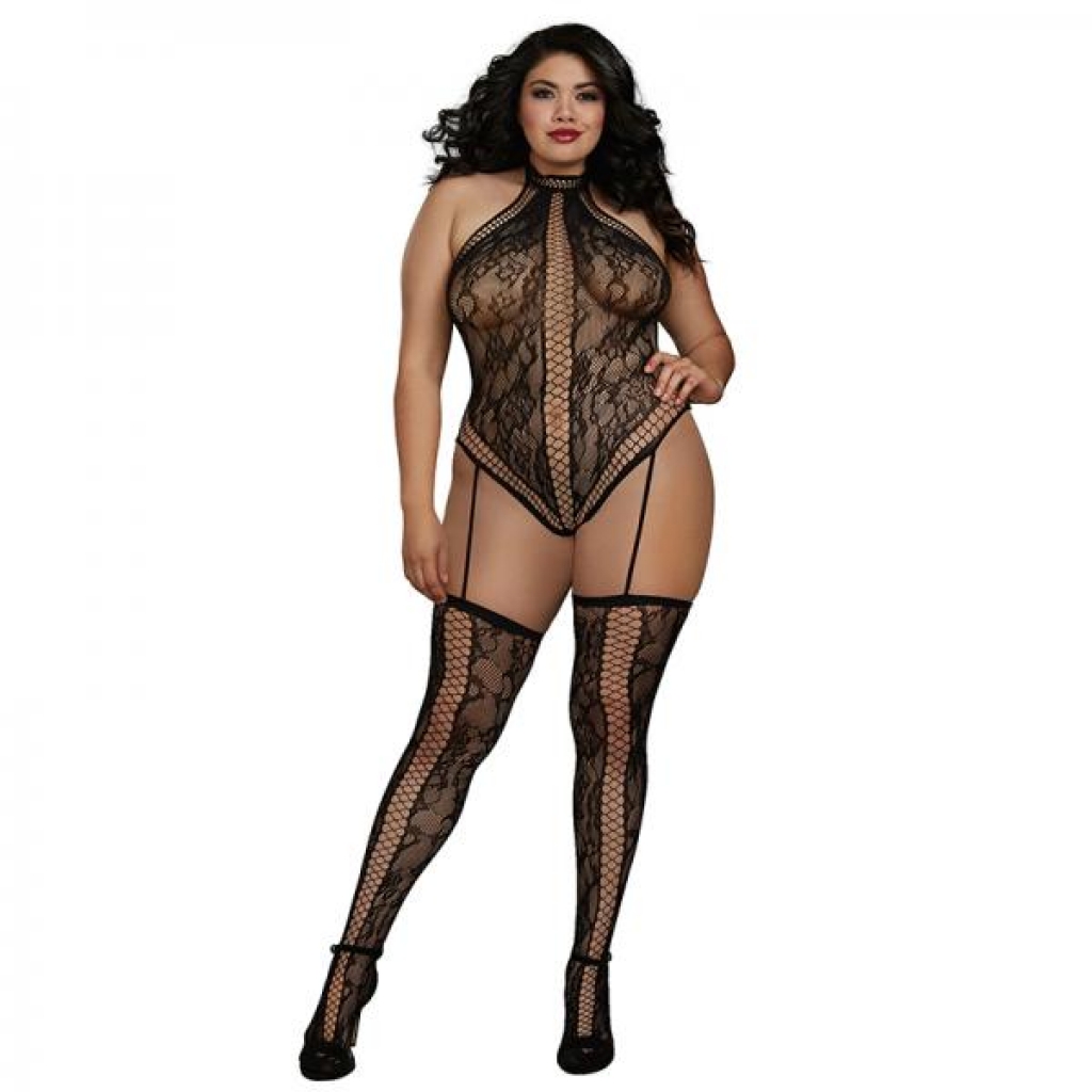 Dreamgirl Lace Teddy Bodystocking With Criss-cross Details And Halter Neckline With Snap-neck Closur - Teddies