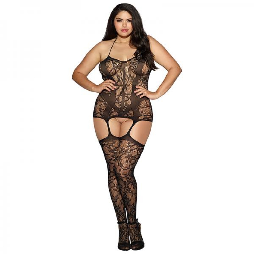 Dreamgirl Lace Fishnet Halter Garter Dress With Opaque Bodice Style Lines Black Queen - Transgender Wear