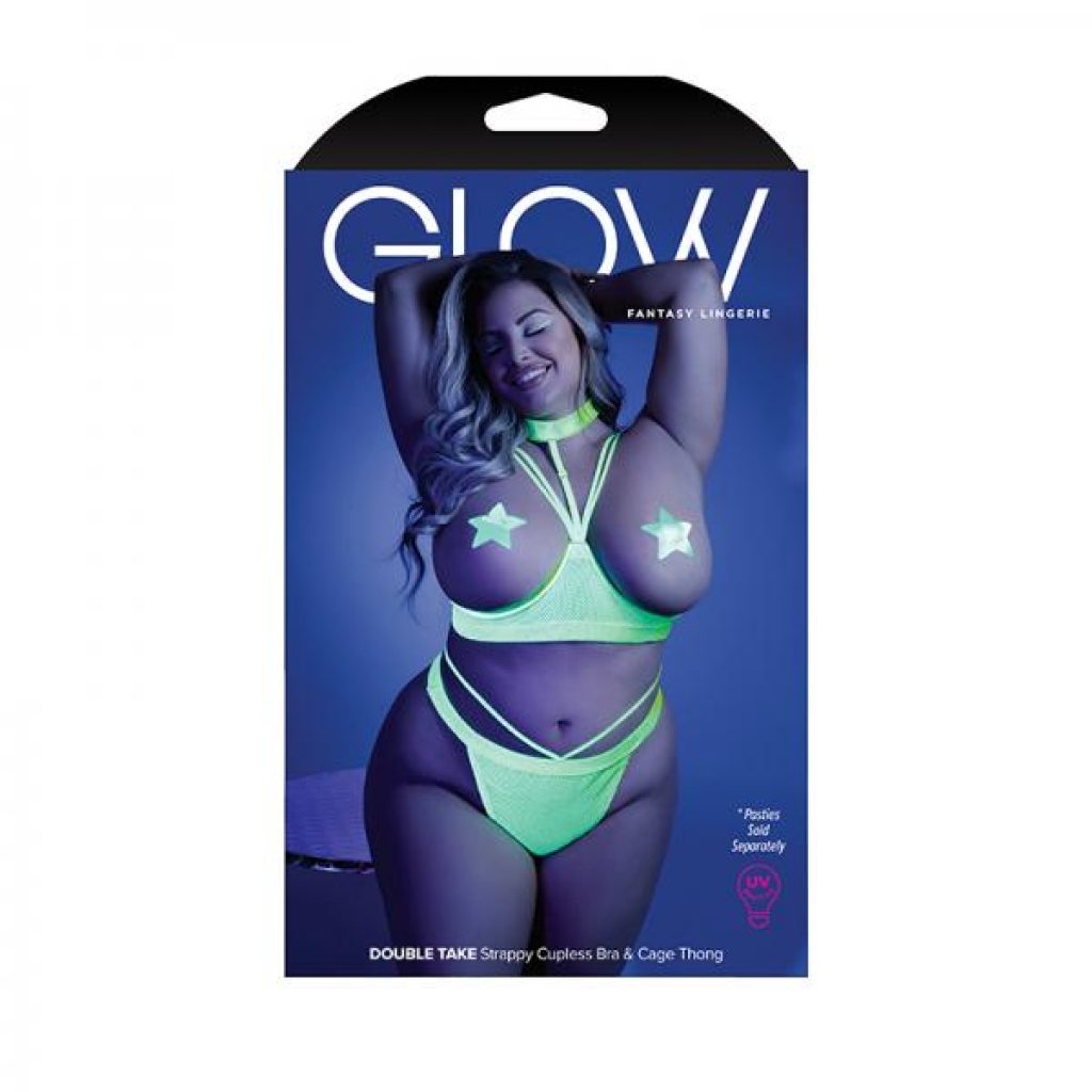 Glow Double Take Strappy Harness Open-shelf Bra & Cage Thong Neon Lemon Qs - Babydolls & Slips