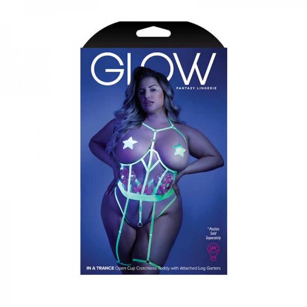 Glow In A Trance Floral Embroidered Open-cup Crotchless Teddy With Attached Leg Garters Neon Chartre - Teddies