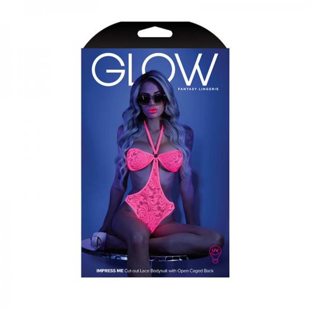 Glow Impress Me Lace Bodysuit With Open-cage Back Neon Pink S/m - Bodystockings, Pantyhose & Garters