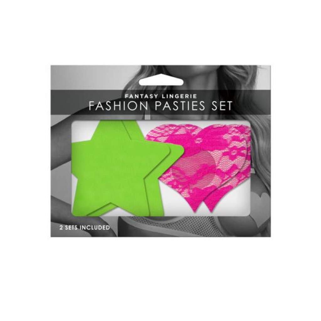 Neon Pasties 2-pack Neon Green Solid Star Neon Pink Lace - Pasties, Tattoos & Accessories