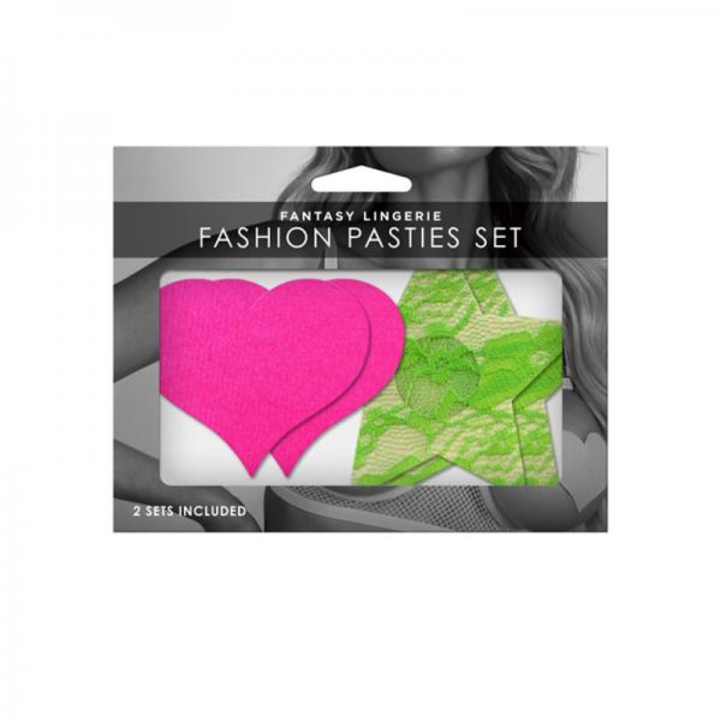Neon Pasties 2-pack Neon Pink Solid Heart Neon Green Lace Star - Pasties, Tattoos & Accessories