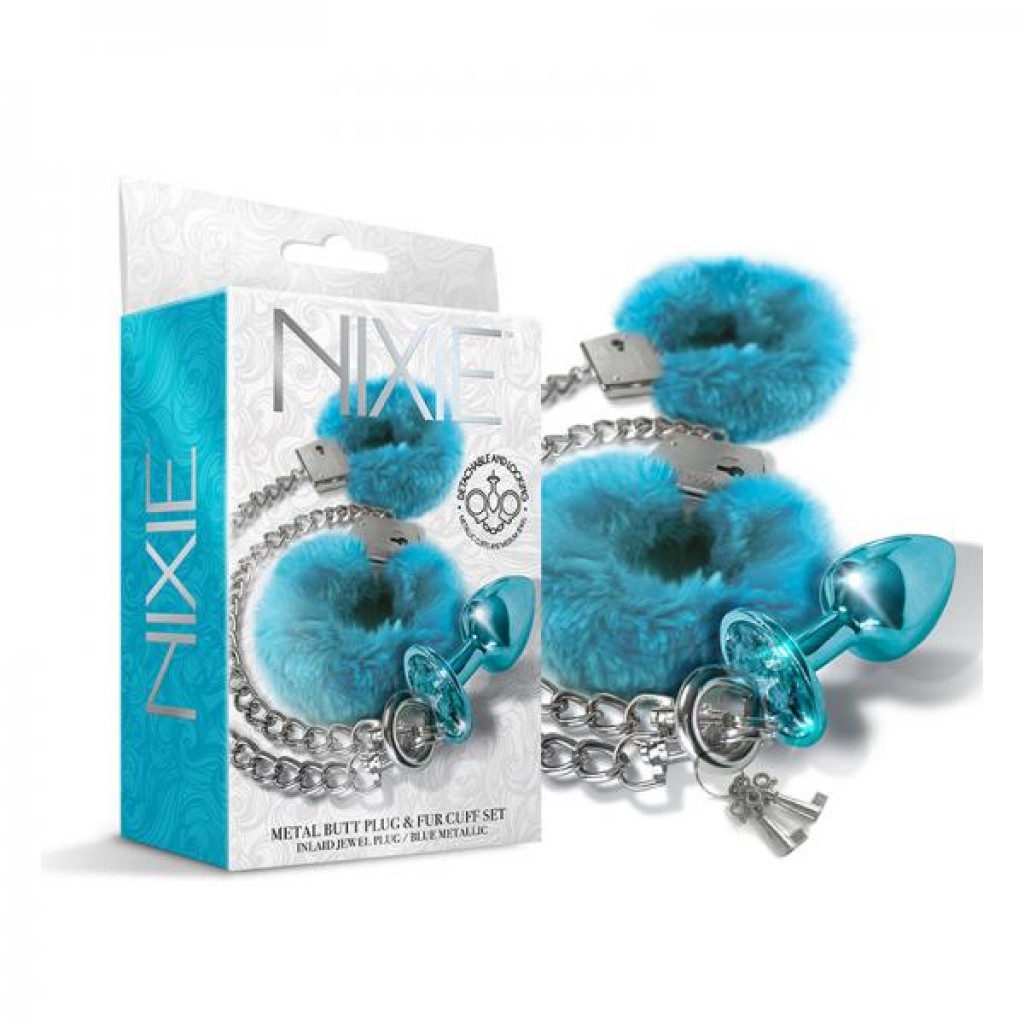 Nixie Metal Butt Plug & Furry Handcuff Set Mediumblue Metallic - BDSM Kits