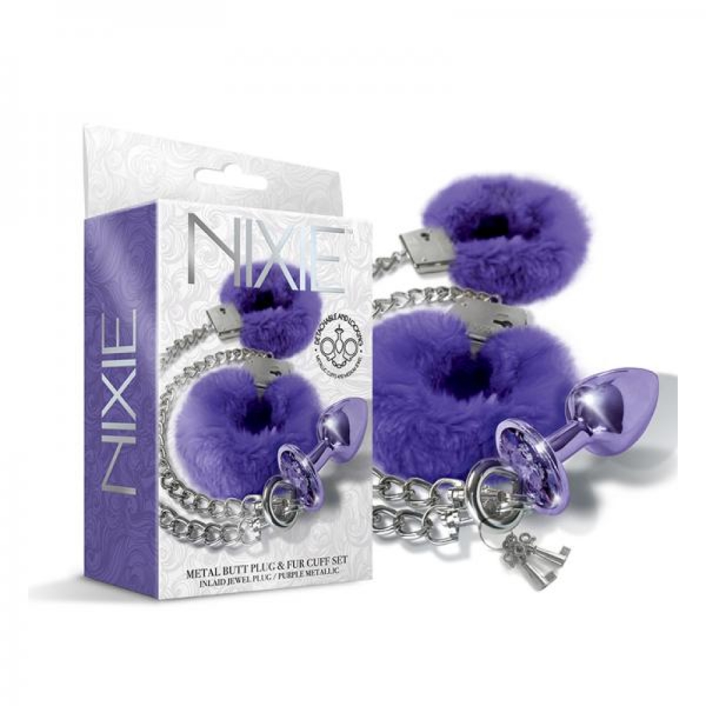 Nixie Metal Butt Plug & Furry Handcuff Set Medium Purple Metallic - Handcuffs