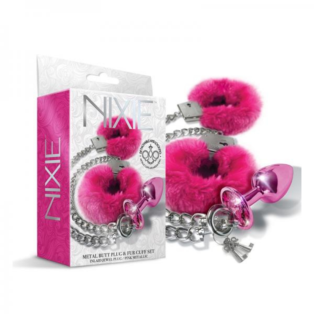 Nixie Metal Butt Plug & Furry Handcuff Set Medium Pink Metallic - Handcuffs