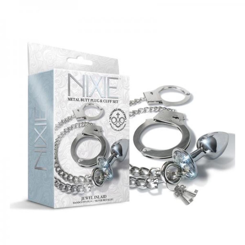 Nixie Metal Butt Plug & Handcuffs Set Silver - Handcuffs