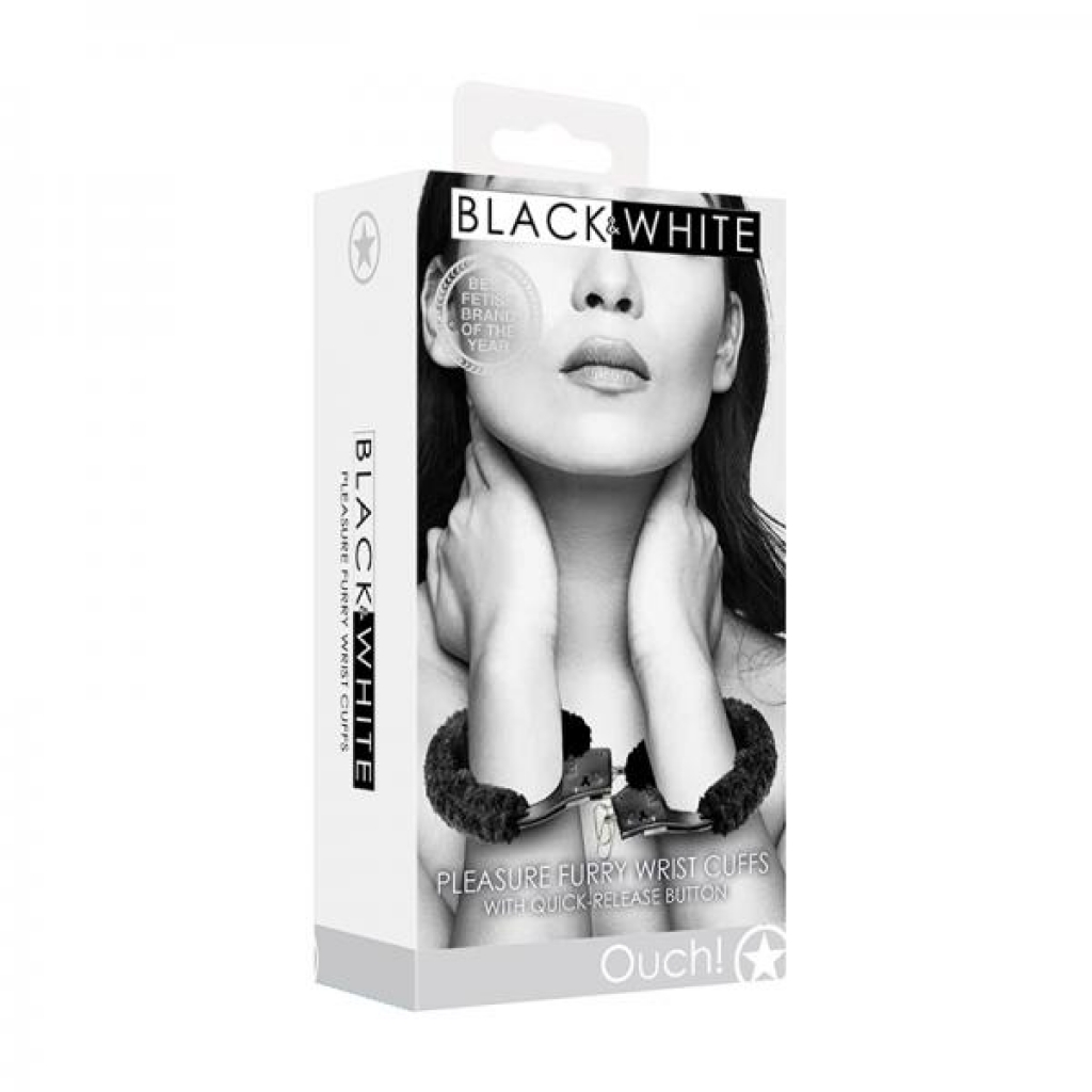 Ouch! Black & White Beginner Pleasure Furry Wrist Cuffs With Quick-release Button - Handcuffs