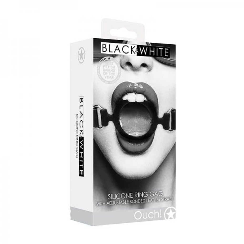 Ouch! Black & White Silicone Ring Gag With Adjustable Bonded Leather Straps Black - Ball Gags