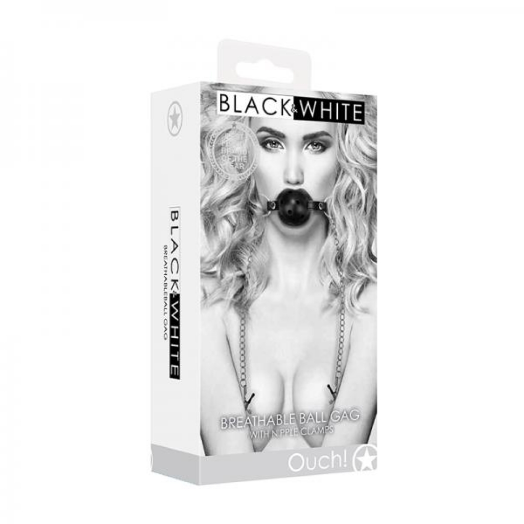 Ouch! Black & White Breathable Ball Gag With Nipple Clamps Black - Ball Gags