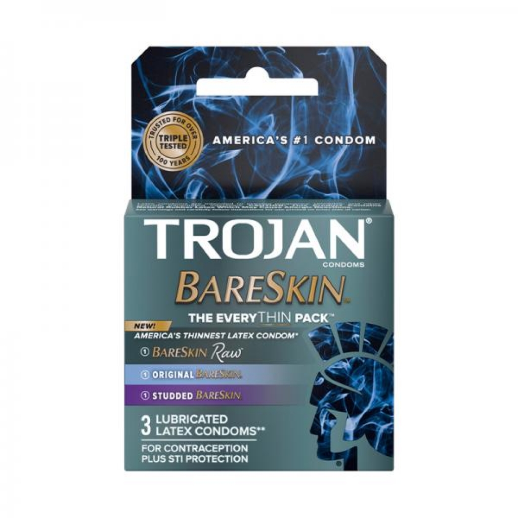 Trojan Bareskin Everythin 3-pack - Bareskin Raw, Original, And Studded - Condoms
