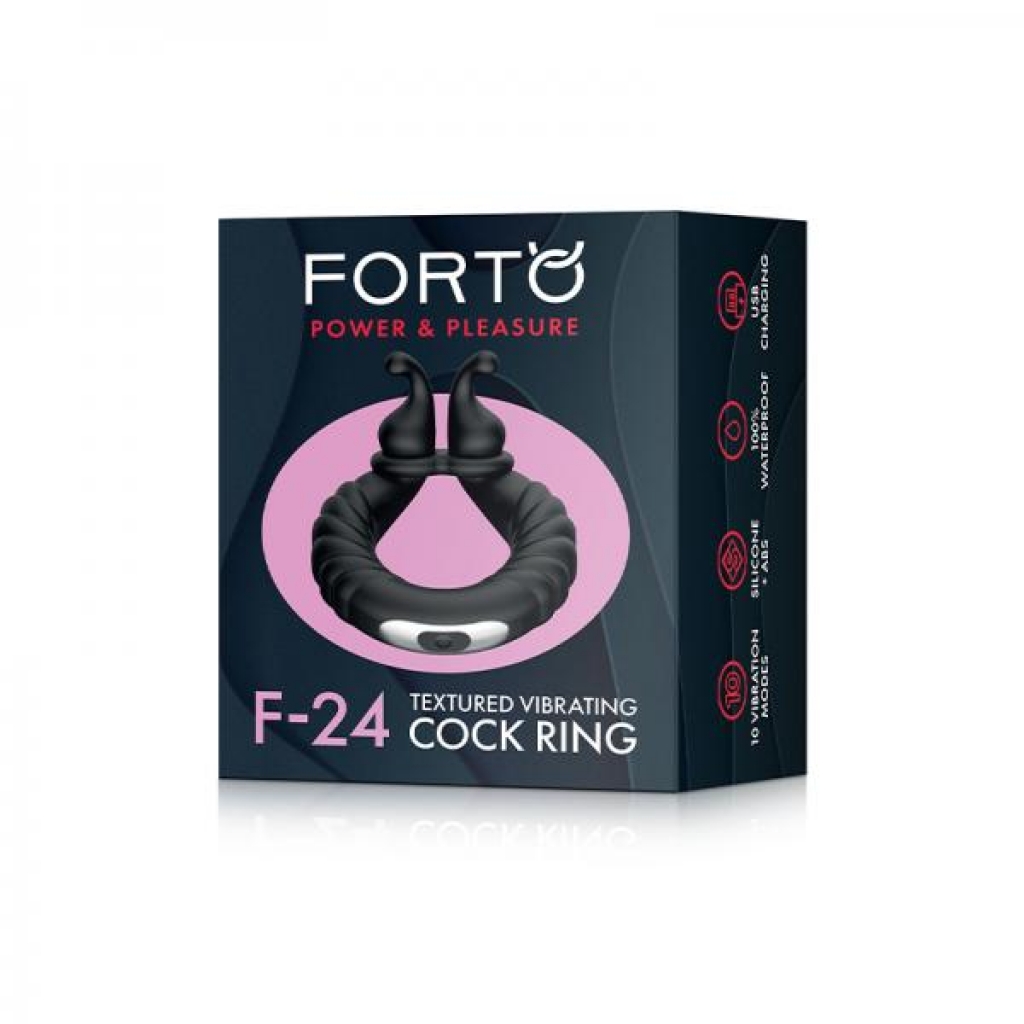 Forto F-24: Silicone Textured Vibrating Cock Ring Black - Couples Vibrating Penis Rings