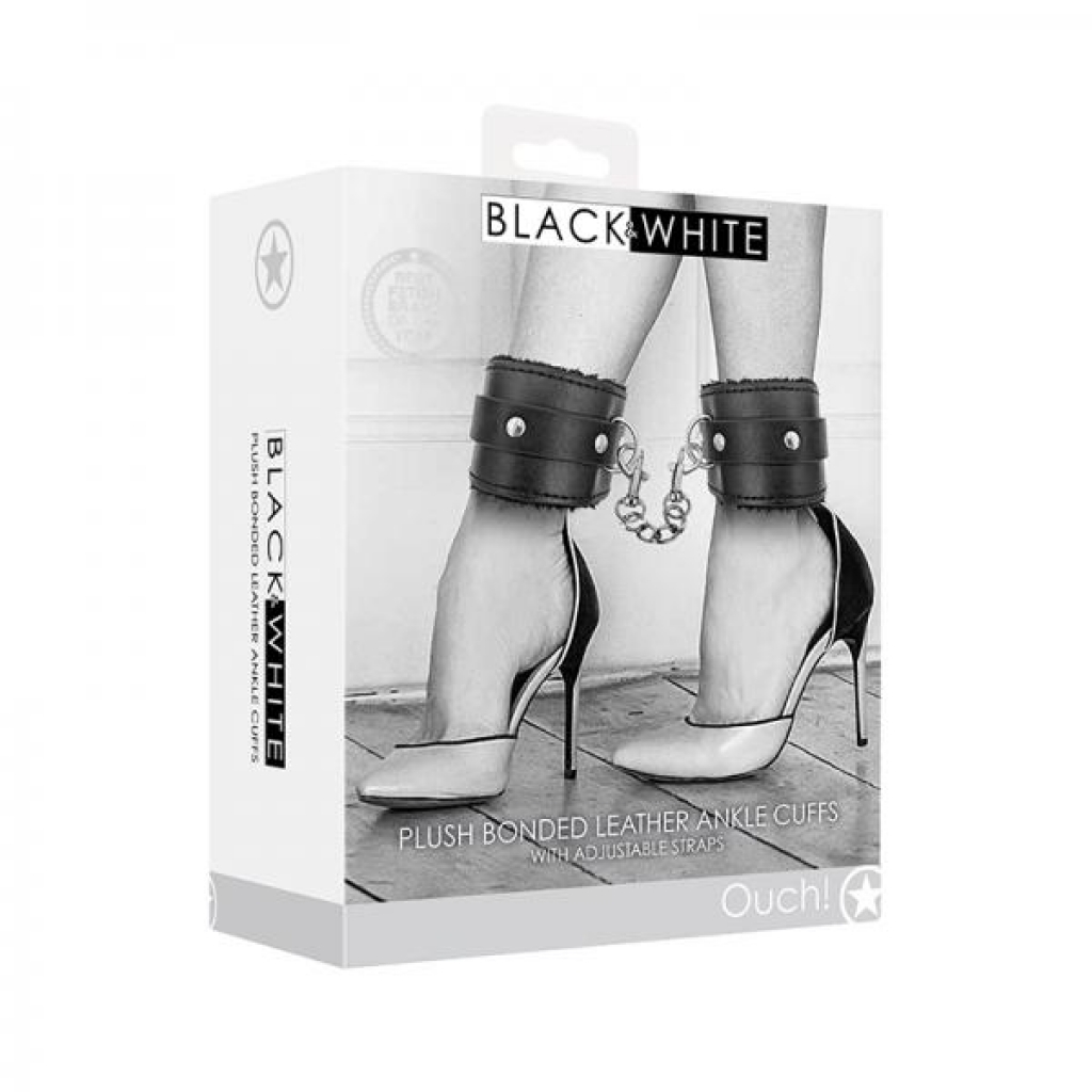 Ouch! Black & White Plush Bonded Leather Ankle Cuffs With Adjustable Straps Black - Ankle Cuffs