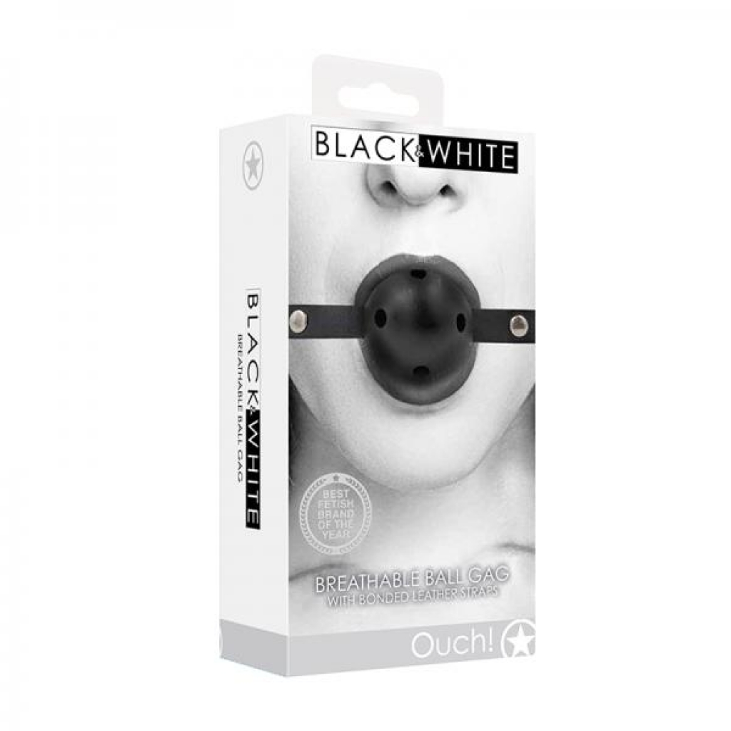 Ouch! Black & White Breathable Ball Gag With Bonded Leather Straps Black - Ball Gags