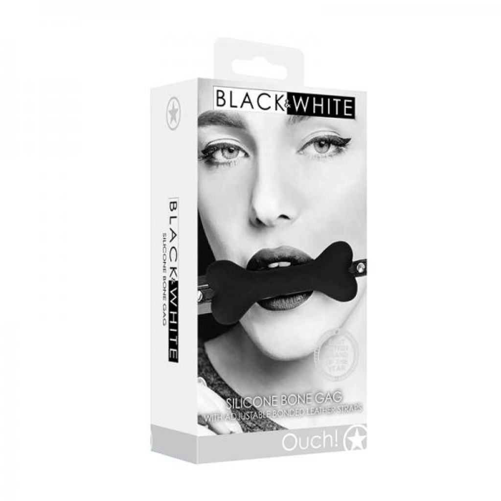 Ouch! Black & White Silicone Bone Gag With Adjustable Bonded Leather Straps Black - Ball Gags