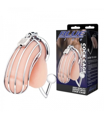 Blue Line Metal Cock Cage With Anal Stimulator - Chastity & Cock Cages