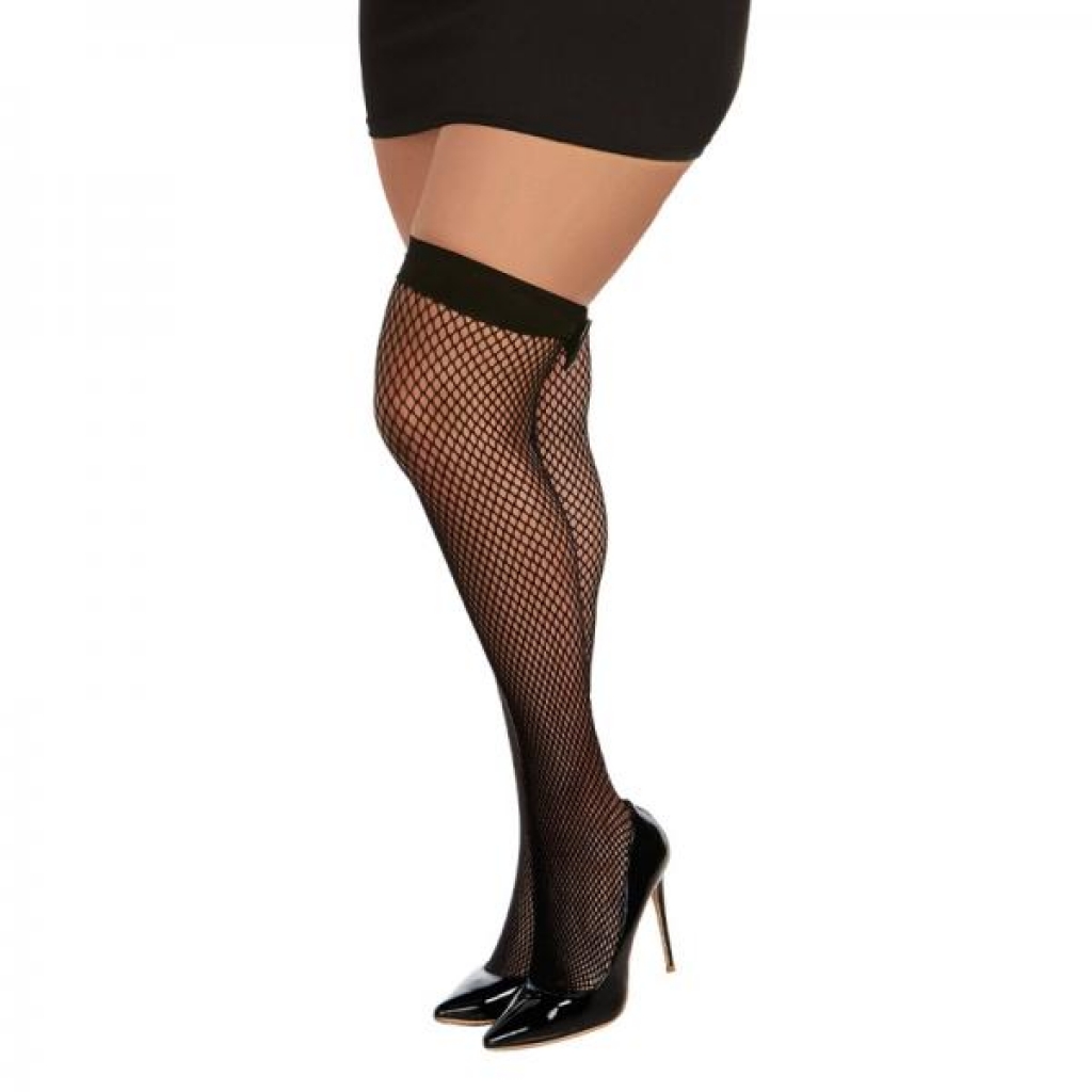 Dreamgirl Diamond-net Fishnet Thigh-highs With Vinyl Bowtie Accent Black Osq - Bodystockings, Pantyhose & Garters