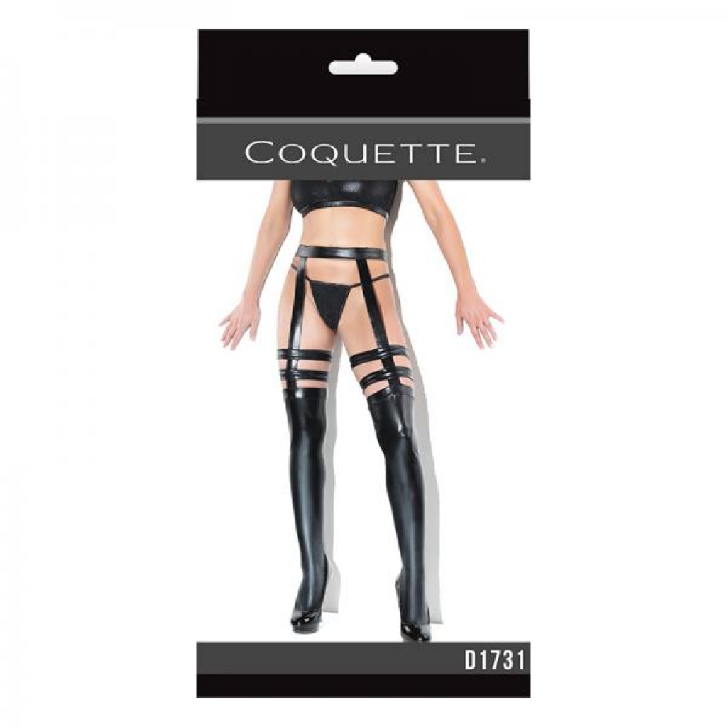 Coquette Thigh-high Wetlook Stockings With Garters Black Osq - Bodystockings, Pantyhose & Garters