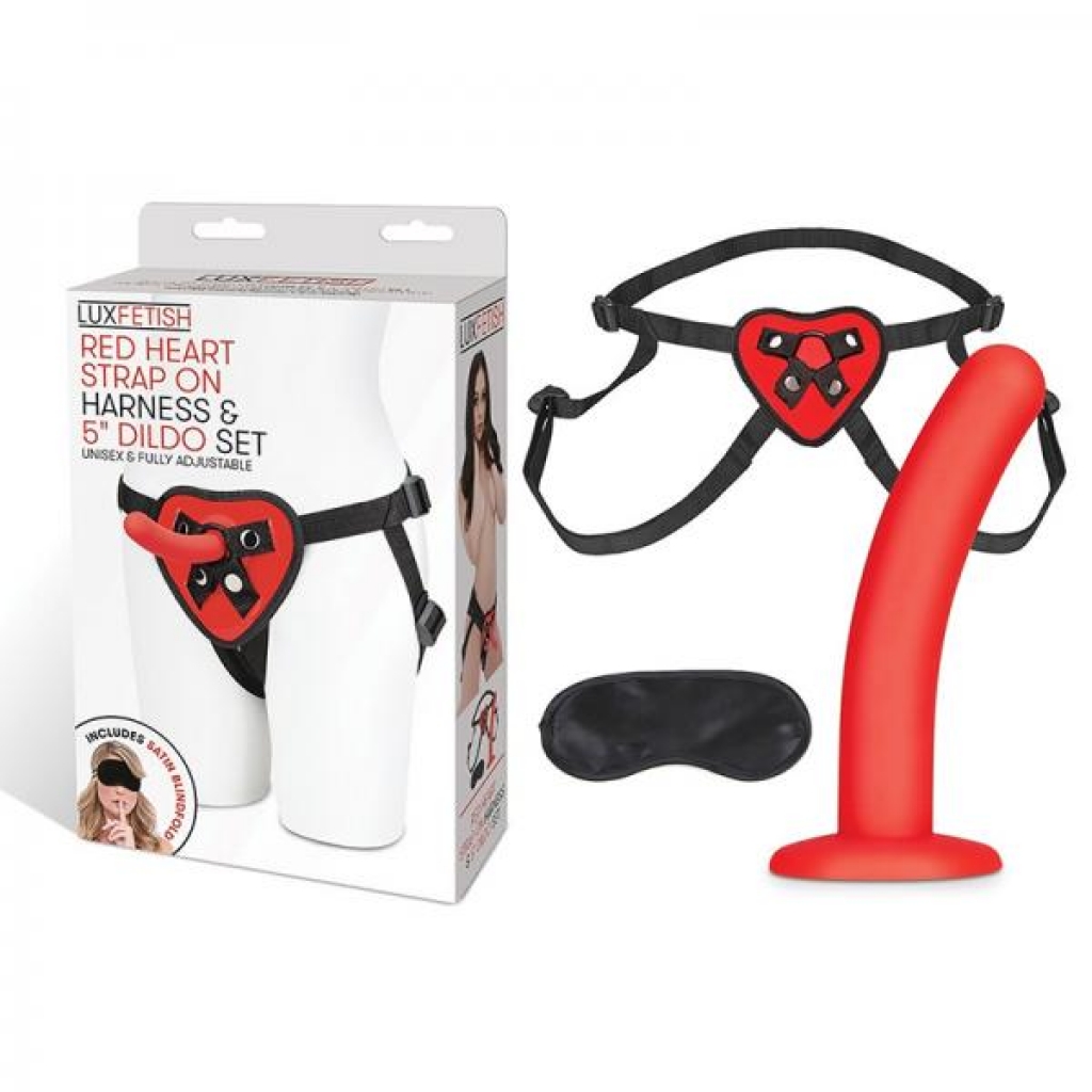 Lux Fetish Red Heart Strap On 5 In. Dildo Set - Harness & Dong Sets