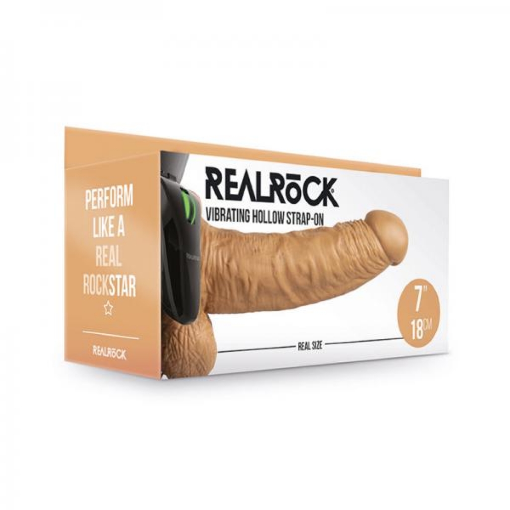 Realrock Vibrating Hollow Strap On With Balls 7 In. Mocha - Harness & Dong Sets