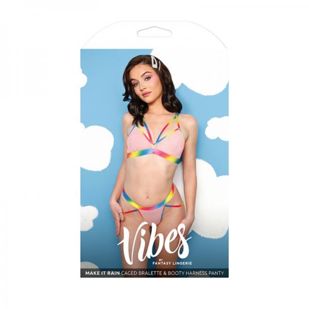 Vibes Make It Rain Caged Bralette & Panty With Booty Harness L/xl Rainbow - Bra Sets