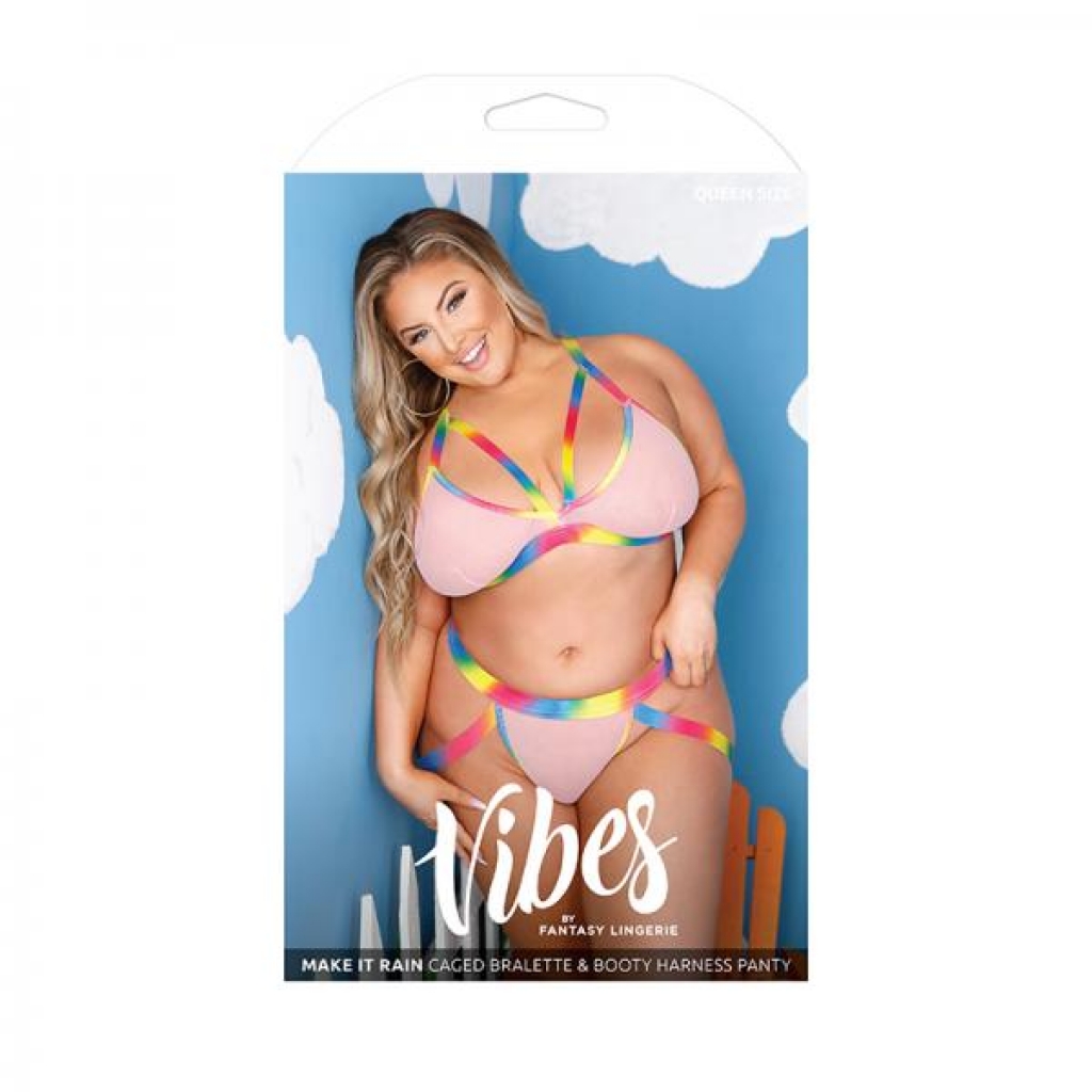 Vibes Make It Rain Caged Bralette & Panty With Booty Harness Queen Rainbow - Bra Sets