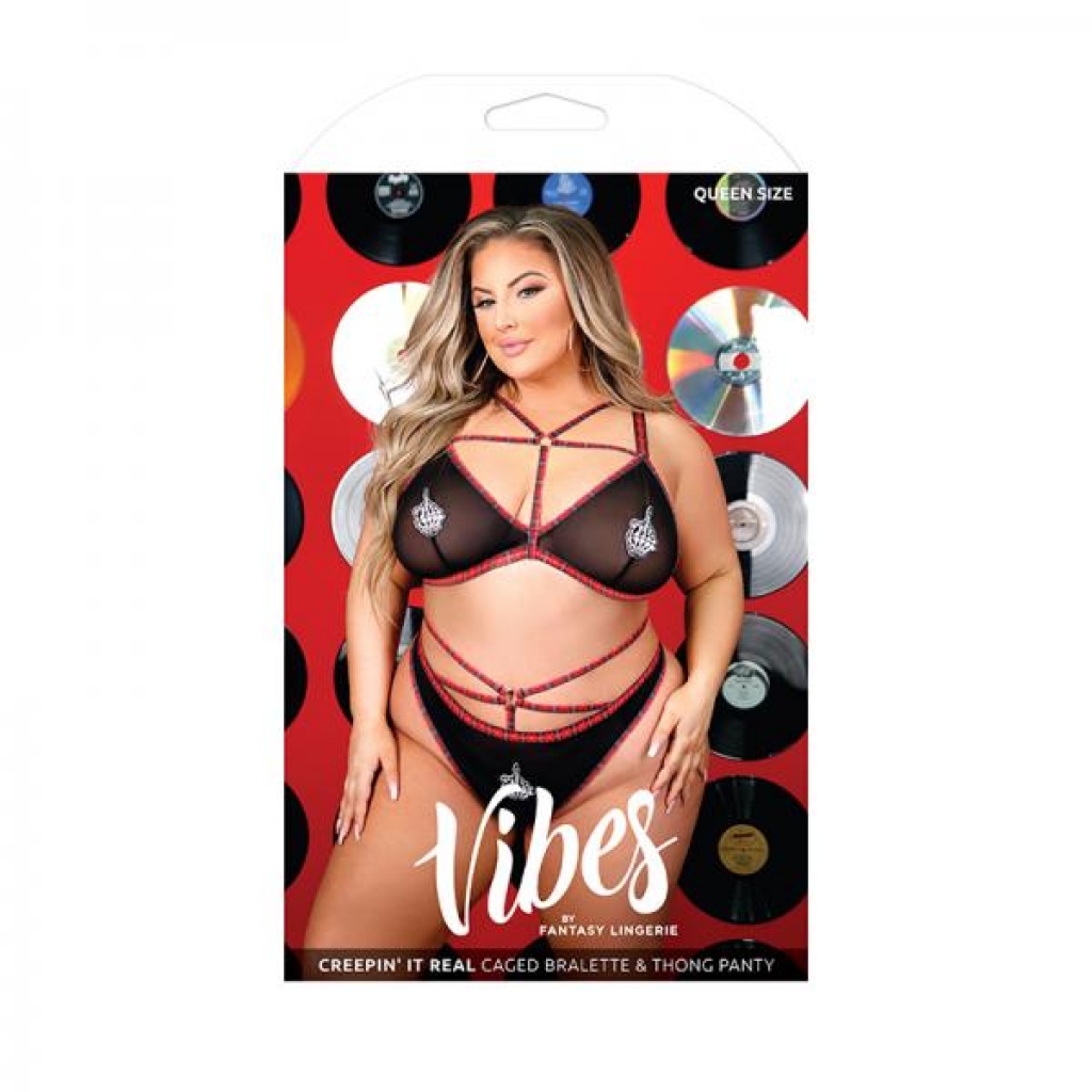 Vibes Creepin' It Real Caged Bralette & Thong Panty Queen Black - Babydolls & Slips