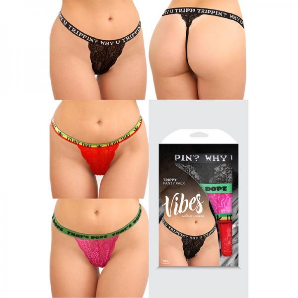 Fantasy Lingerie Vibes Trippy Vibes Pack 3-piece Lace Thong Panty Set Black/red/pink O/s - Babydolls & Slips