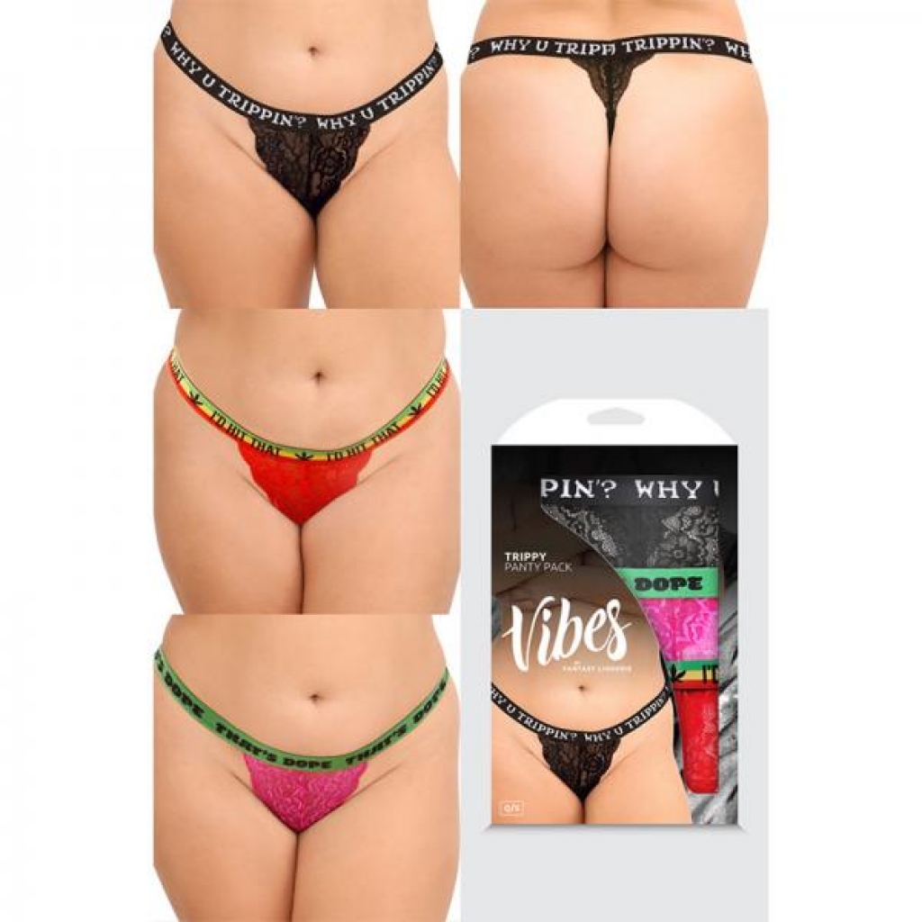 Fantasy Lingerie Vibes Trippy Vibes Pack 3-piece Lace Thong Panty Set Black/red/pink Queen Size - Babydolls & Slips