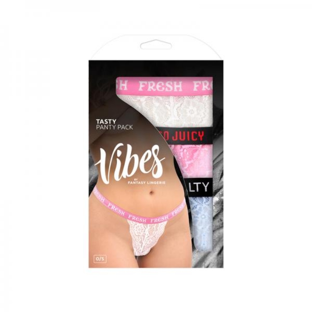 Fantasy Lingerie Vibes Tasty Vibes Pack 3-piece Lace Thong Panty Set Blue/pink/white O/s - Babydolls & Slips