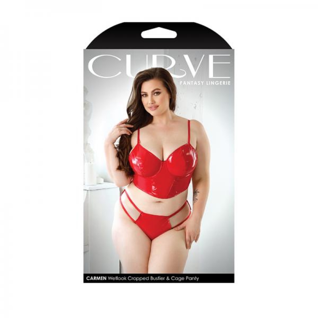 Curve Carmen Wetlook Cropped Bustier & Matching Cage Panty 3x/4x Red - Crops