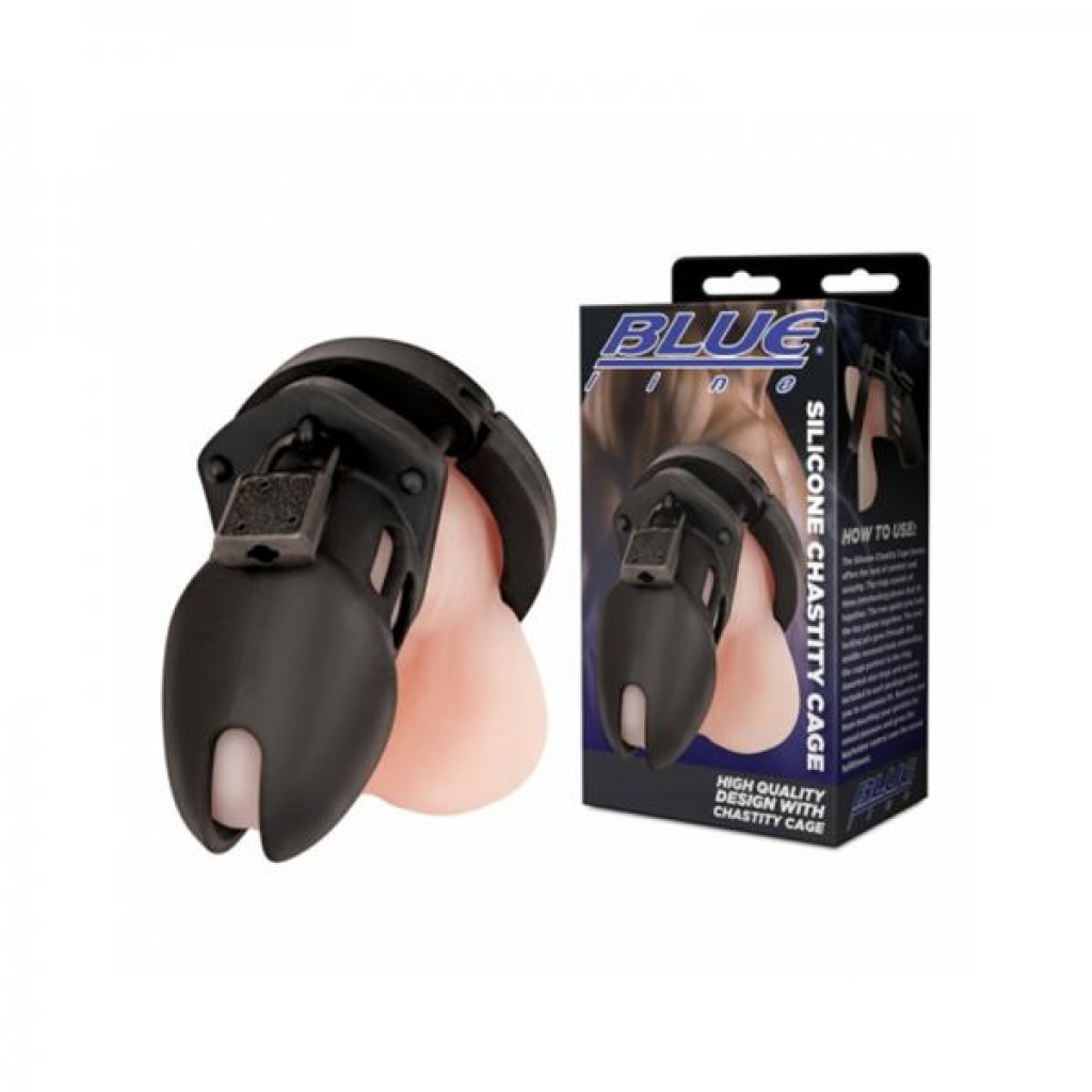 Blue Line Silicone Chastity Cage Black - Chastity & Cock Cages