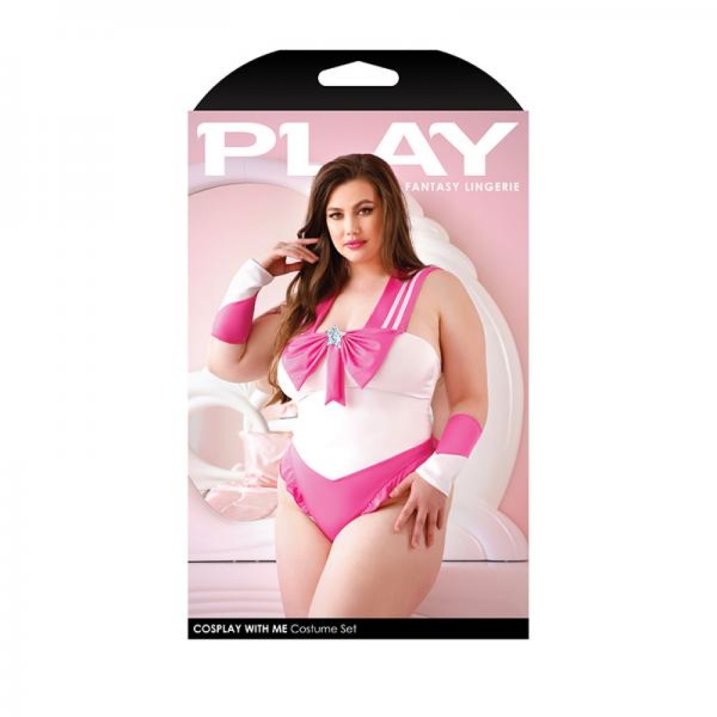 Play Cosplay With Me Sailor Costume Bodysuit With Snap Closure & Matching Arm Bands 1x/2x Pink - Sexy Costumes
