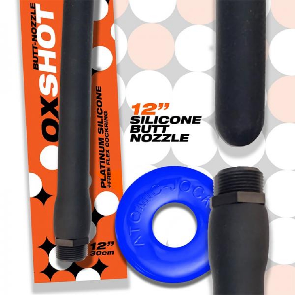 Oxballs Oxshot Butt Nozzle Shower Hose 12 In. + Flex Cockring Black - Couples Vibrating Penis Rings