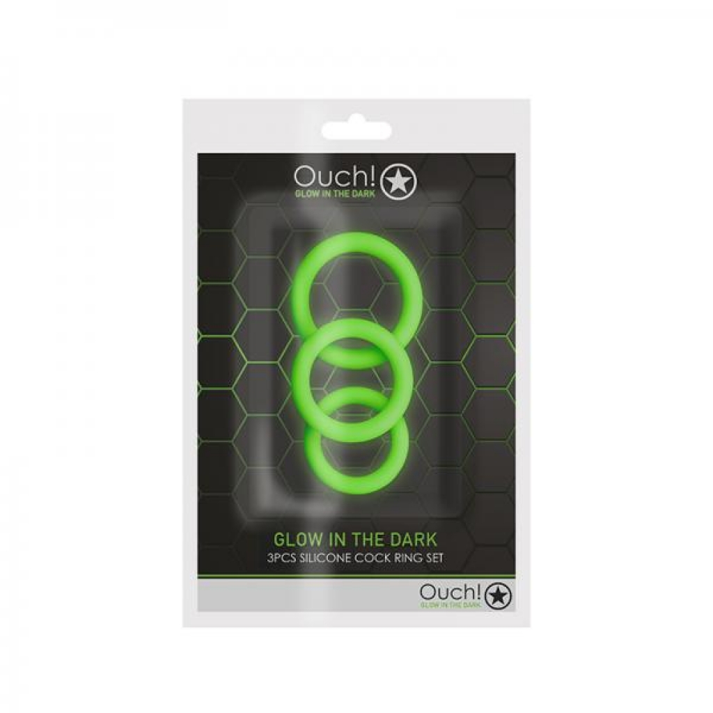 Ouch! Glow 3-piece Cock Ring Set - Glow In The Dark - Green - Cock Ring Trios