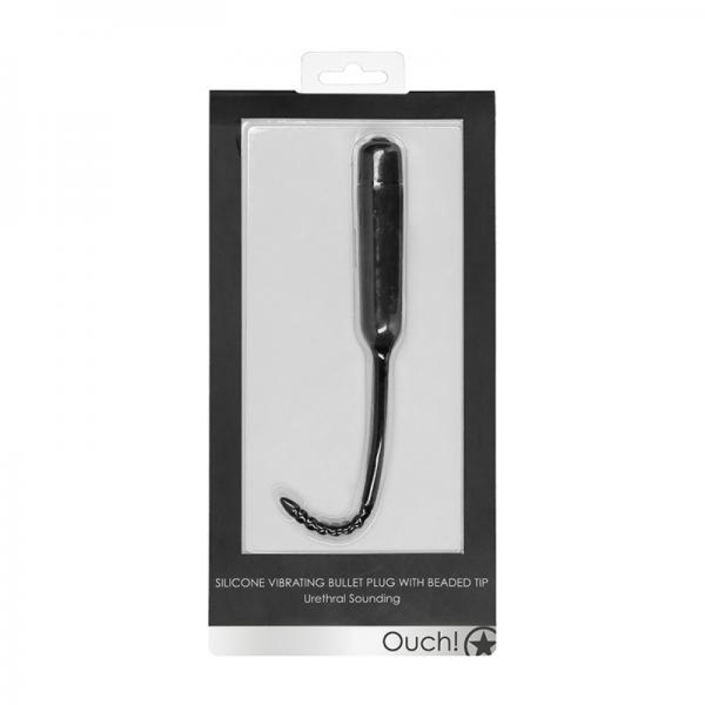 Ouch! Urethral Sounding - Silicone Vibrating Bullet Plug With Beaded Tip - Black - Medical Play