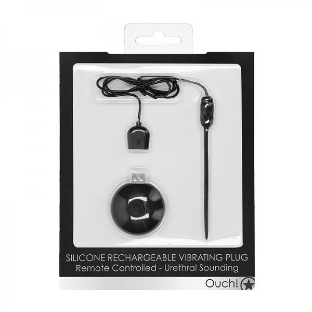Ouch! Urethral Sounding - Silicone Rechargeable Vibrating Plug Remote Controlled - Black - Medical Play