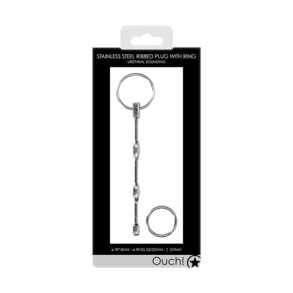 Ouch! Urethral Sounding - Ribbed Plug With Ring - 8 Mm - Medical Play