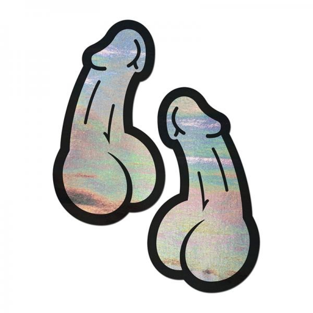 Pastease Penis: Holographic Silver Dick Nipple Pasties - Pasties, Tattoos & Accessories