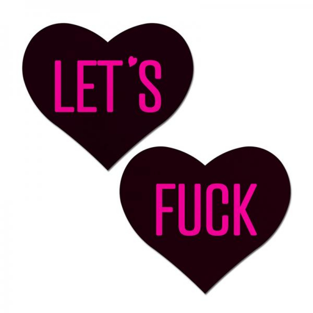 Pastease Love: 'let's Fuck' Black Heart On Neon Pink Base Nipple Pasties - Pasties, Tattoos & Accessories