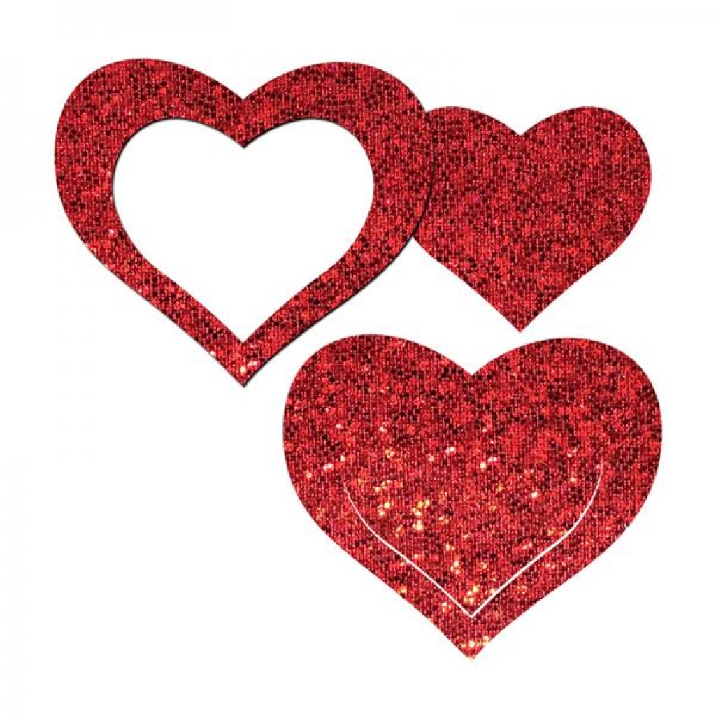 Pastease Peek-a-boob: Red Glitter Heart Frame & Center Nipple Pasties - Pasties, Tattoos & Accessories