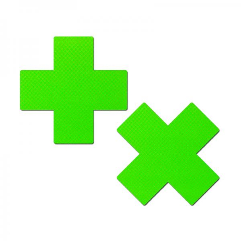 Pastease Plus X: Neon Green Day-glow Lycra Cross Nipple Pasties - Pasties, Tattoos & Accessories