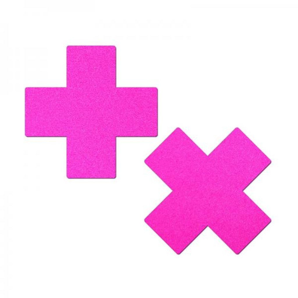 Pastease Plus X: Neon Pink Day-glow Lycra Cross Nipple Pasties - Pasties, Tattoos & Accessories