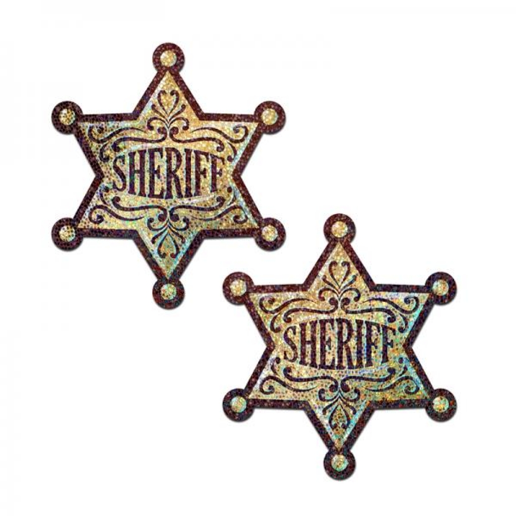Pastease Sheriff Star: Glittering Golden Sheriff's Badge Nipple Pasties - Pasties, Tattoos & Accessories