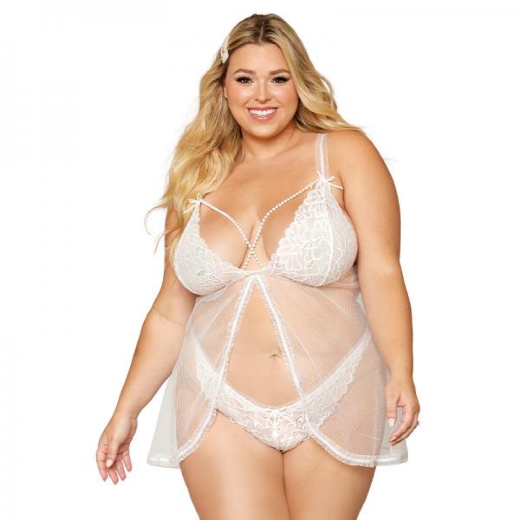Dreamgirl Lace Mesh Babydoll With Pearl Accents & Lace Pearl G-string White Queen Size - Babydolls & Slips