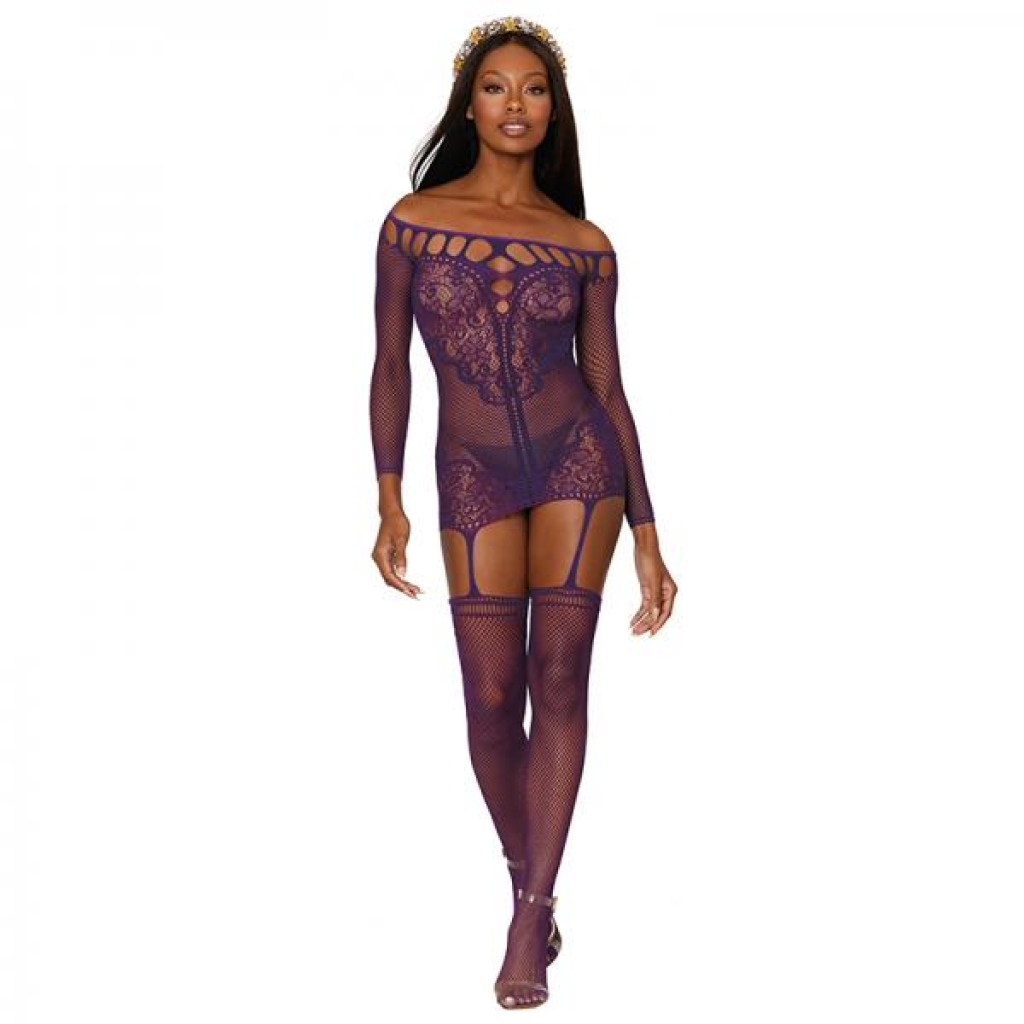 Dreamgirl Fishnet Lace Garter Dress With Attached Stockings Aubergine O/s - Bodystockings, Pantyhose & Garters